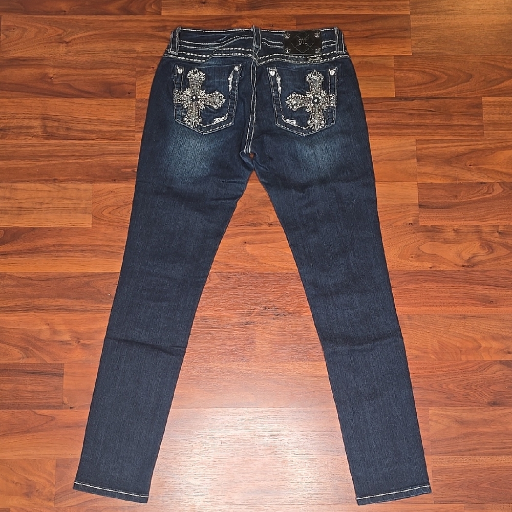 Miss Me Dark Blue Skinny Jeans with Silver Embellishments